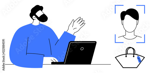 Man with raised hand using laptop, face recognition icon, and handbag icon suggesting tech and e-commerce. Ideal for technology, online identification, security, e-commerce, digital transactions