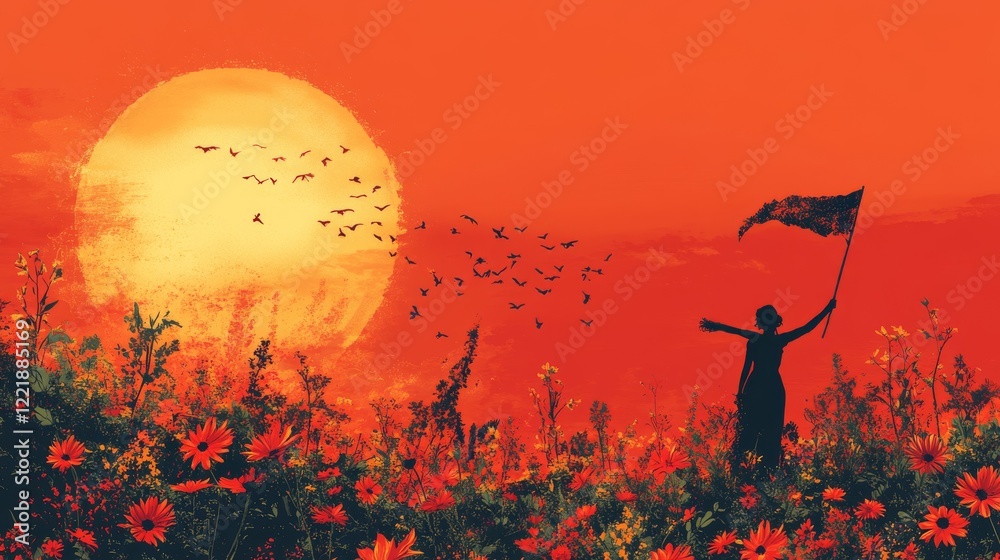 Obraz premium A vibrant sunset silhouetted figure with a flag in a field of flowers with flying birds