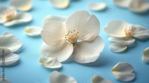 Delicate White Flower Petals on Blue Background