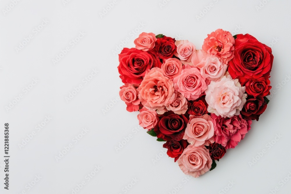 Heart-shaped arrangement of red and pink roses forming a heart on white background for Valentine's Day Heart-shaped arrangement of red and pink roses forming a heart on white background for Valentine's Day