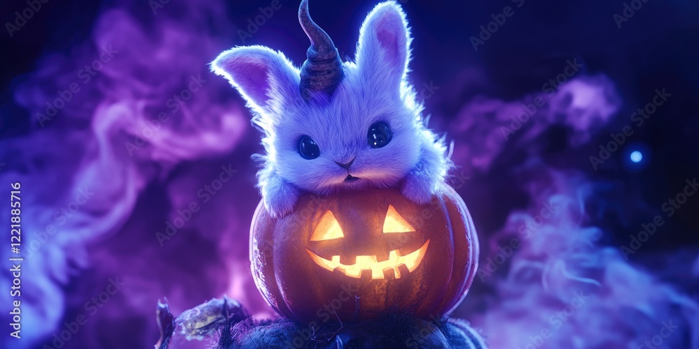 A cute little purple and white jack-o'-lantern with horns sits on the head of an adorable baby bunny, with glowing eyes and a dark fantasy background, with smoke in the space. A cute little purple and white jack-o'-lantern with horns sits on the head of an adorable baby bunny, with glowing eyes and a dark fantasy background, with smoke in the space.