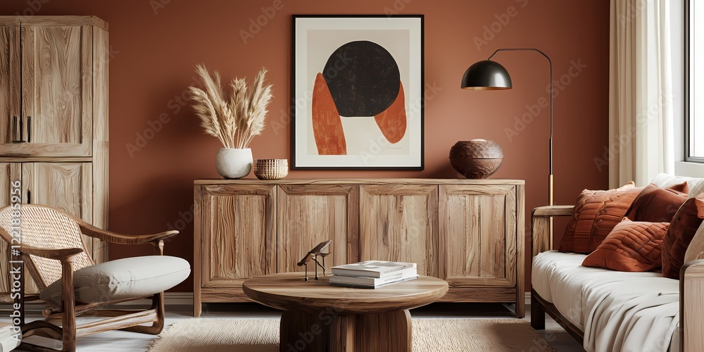 Fototapeta premium Modern Boho Living Room Interior Design with Wooden Furniture and Warm Tones Interior 3D Render