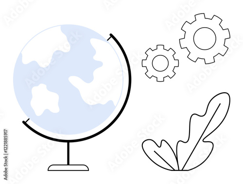 Globe, two gears, and a leaf highlight interaction between the world, technology, and nature. Ideal for themes thumbs up global connectivity, environmental impact, technological advancement