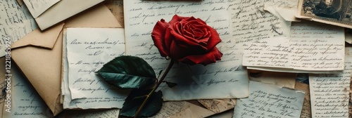 beauty of romantic messages concept, A single red rose lying on top of vintage love letters and handwritten notes