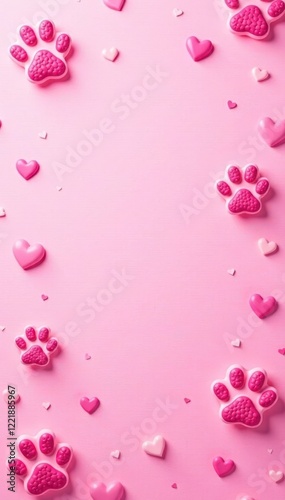 Soft pink textured background featuring playful paw prints and scattered hearts , texture, hearts