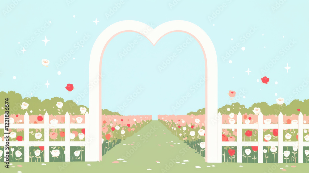 Naklejka premium heart shaped archway surrounded by blooming pastel roses creates serene garden pathway