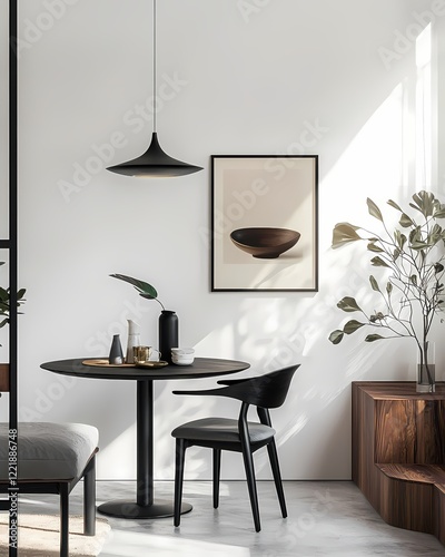 Minimalist Dining Room Decor Modern Black Chair Table Artwork Interior 3D Render