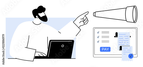Man operating laptop to make an online payment, pointing towards a telescope. Ideal for digital transactions, online services, future vision, finance management, remote work, technology, innovation