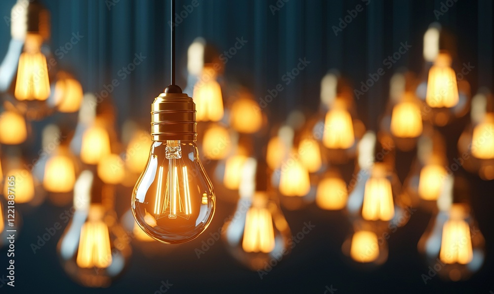 Hanging light bulbs glowing against dark background, ideal for innovation or idea concepts Hanging light bulbs glowing against dark background, ideal for innovation or idea concepts