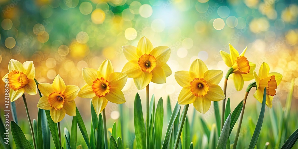 Obraz premium Vibrant Yellow Daffodils in Springtime Bokeh Background, Fresh Green Landscape, Nature Beauty, Floral Photography, Spring Flowers, Macro