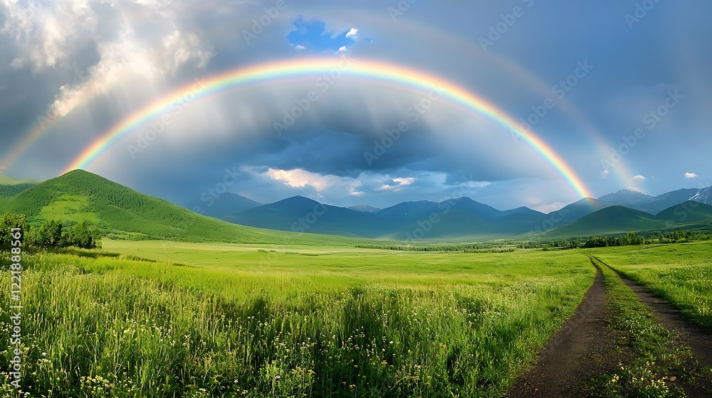 Obraz premium Rainbow over the meadow in the mountains. Beautiful summer landscape