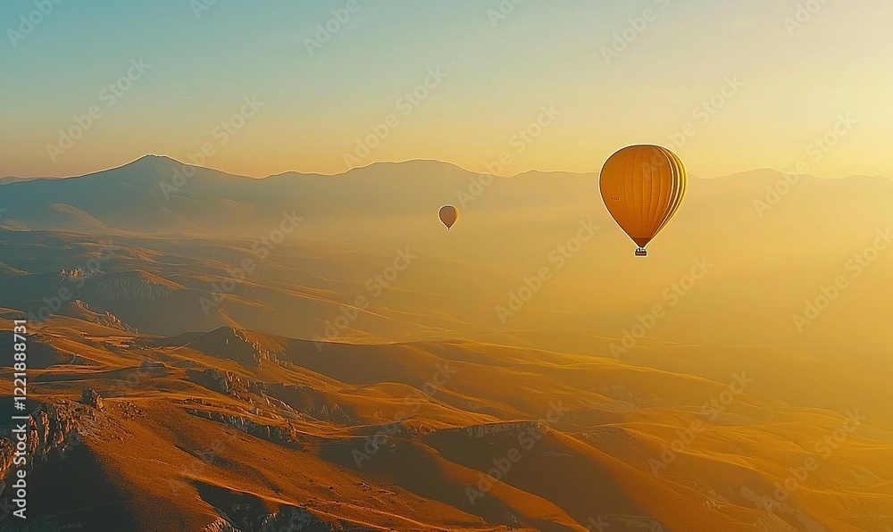 Hot air balloons soar over hazy golden sunrise valley landscape Hot air balloons soar over hazy golden sunrise valley landscape
