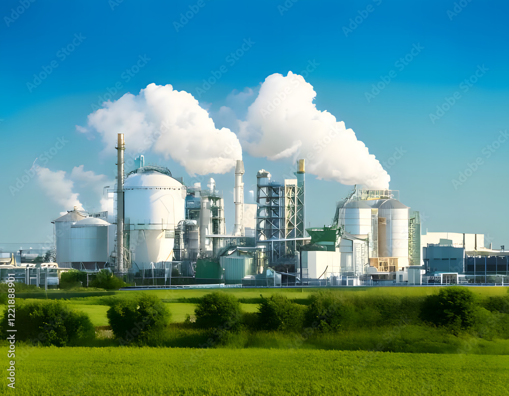 Industrial plant with white smoke billowing against a clear blue sky. Green fields in foreground create a contrast Industrial plant with white smoke billowing against a clear blue sky. Green fields in foreground create a contrast