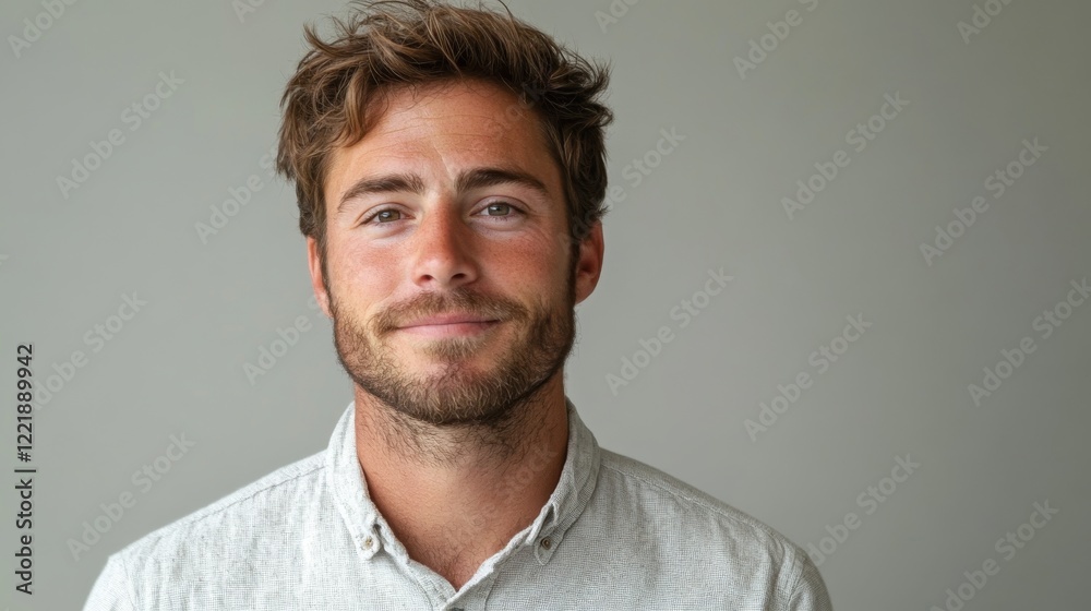 A Young Man With Brown Hair Smiles Slightly A Young Man With Brown Hair Smiles Slightly