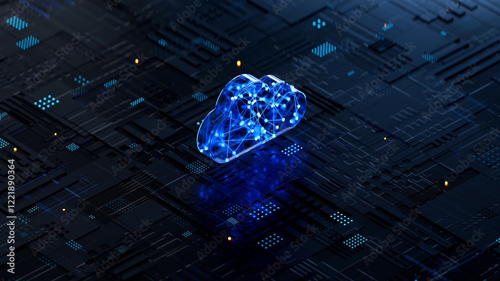Cloud shape on circuit board symbolizes cloud computing technology and network security concept. 3D rendering, conceptual image.
