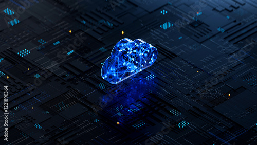 Obraz na płótnie Cloud shape on circuit board symbolizes cloud computing technology and network security concept. 3D rendering, conceptual image. w salonie