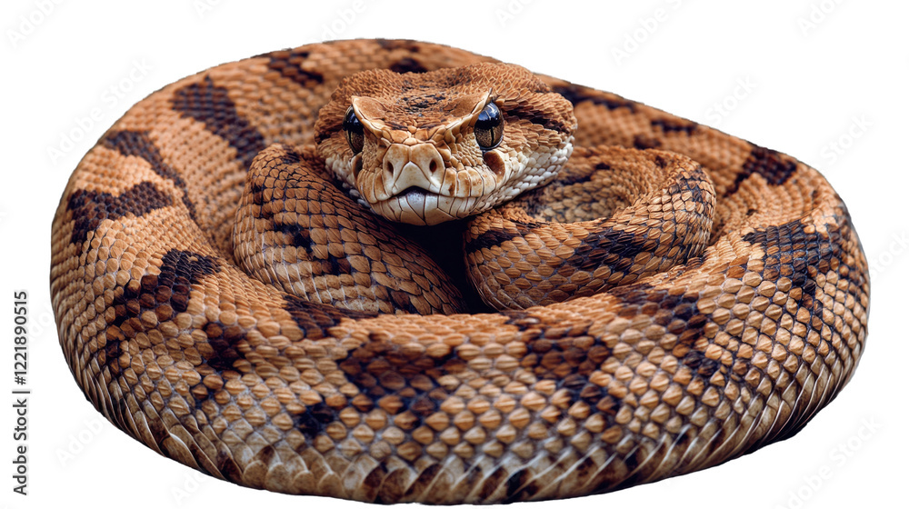 Coiled Snake: A large, intricately patterned snake coils itself into a defensive posture, its gaze intense and captivating. The detailed texture of its scales is clearly visible. Coiled Snake: A large, intricately patterned snake coils itself into a defensive posture, its gaze intense and captivating. The detailed texture of its scales is clearly visible.