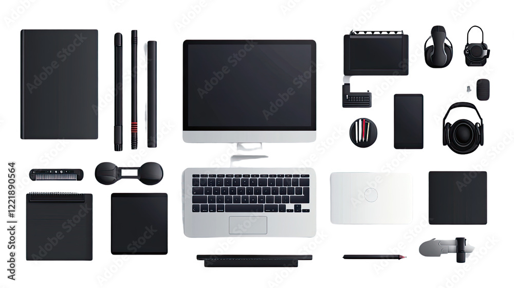 Tech Essentials Flat Lay: A sleek and modern flat lay showcasing an array of tech accessories, including a laptop, desktop monitor, headphones, stylus pens, and charging cables. Tech Essentials Flat Lay: A sleek and modern flat lay showcasing an array of tech accessories, including a laptop, desktop monitor, headphones, stylus pens, and charging cables.