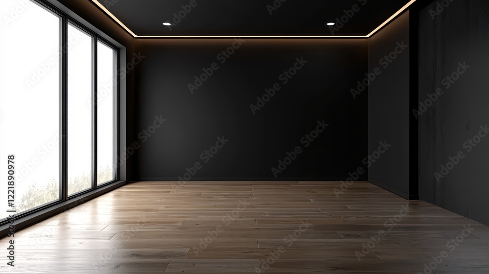 Fototapeta premium Modern Minimalist Room Interior Design with Large Window and Wooden Floor Interior 3D Render