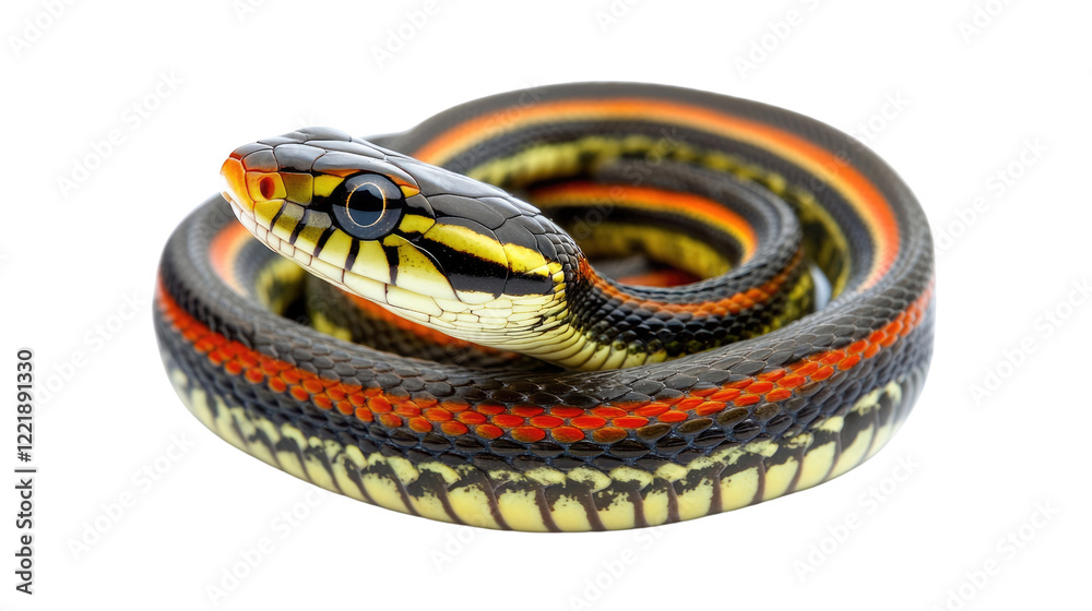 Obraz premium California Kingsnake Close-up: A vibrant California Kingsnake, showcasing its striking black, red, and yellow bands, coils elegantly in a captivating studio shot. Its head is slightly raised.