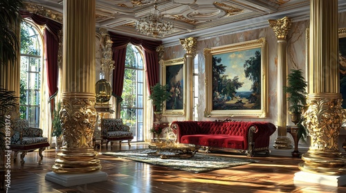 Sunlit Luxury Living Room Palace Gold Columns Red Velvet Sofa Elegant Interior Design Interior 3D Render
