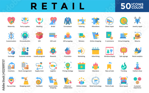 Retail icons set with maternity, party supplies, wedding, bridal, formalwear ,tailoring, alterations, shoes repair, watch repair icon. Simple color vector 
