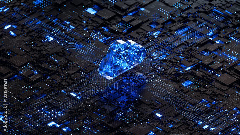 Cloud shape on circuit board symbolizes cloud computing technology and network security concept. 3D rendering, conceptual image.