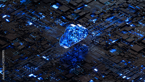 Obraz na płótnie Cloud shape on circuit board symbolizes cloud computing technology and network security concept. 3D rendering, conceptual image. w salonie