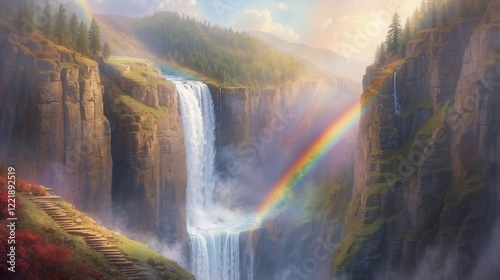 A majestic waterfall plunging down a steep cliff, with a radiant rainbow shimmering through the misty spray.