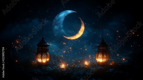 Illuminated Lanterns Underneath a Crescent Moon at Night