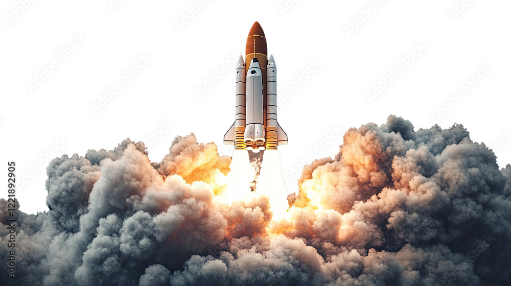 Obraz premium Rocket Launch: A powerful rocket blasts off, leaving a trail of smoke and fire as it ascends into the sky. This dynamic image symbolizes ambition, innovation, and the pursuit of new frontiers.