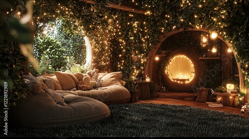 Enchanting Fairy Tale Treehouse Cozy Reading Nook Romantic Night Lights Interior 3D Render