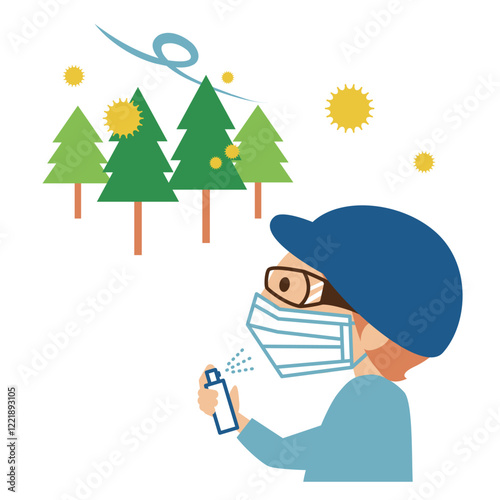 花粉症　花粉対策をする人物　イメージイラスト