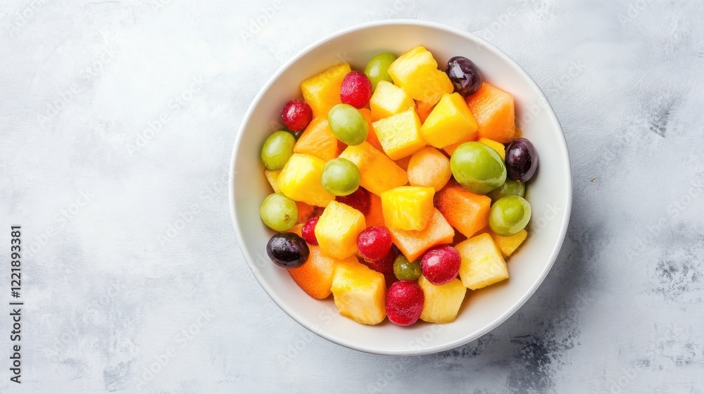 A bowl of colorful fruit salad with pineapple, melon, and grapes A bowl of colorful fruit salad with pineapple, melon, and grapes