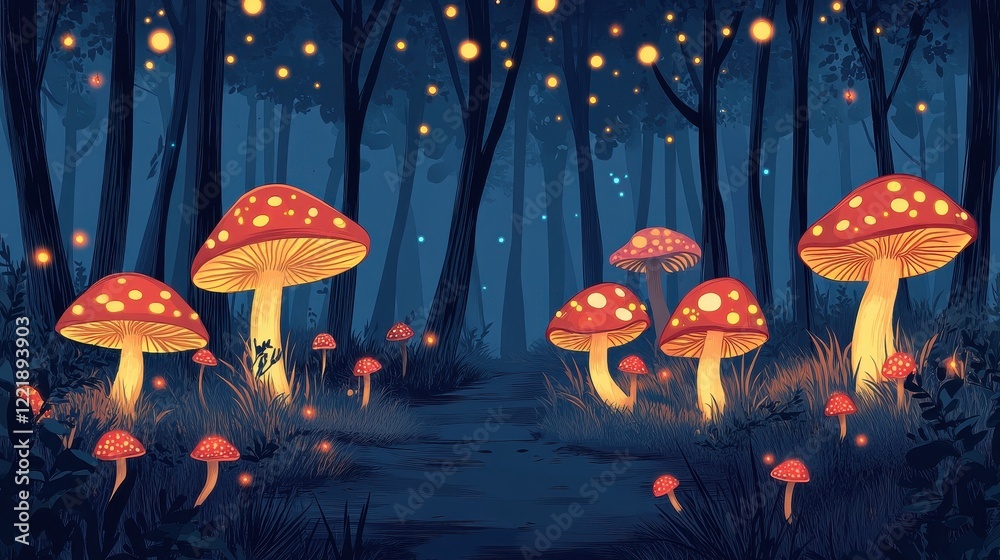 Fototapeta premium Enchanting Glowing Mushrooms In A Dark Forest