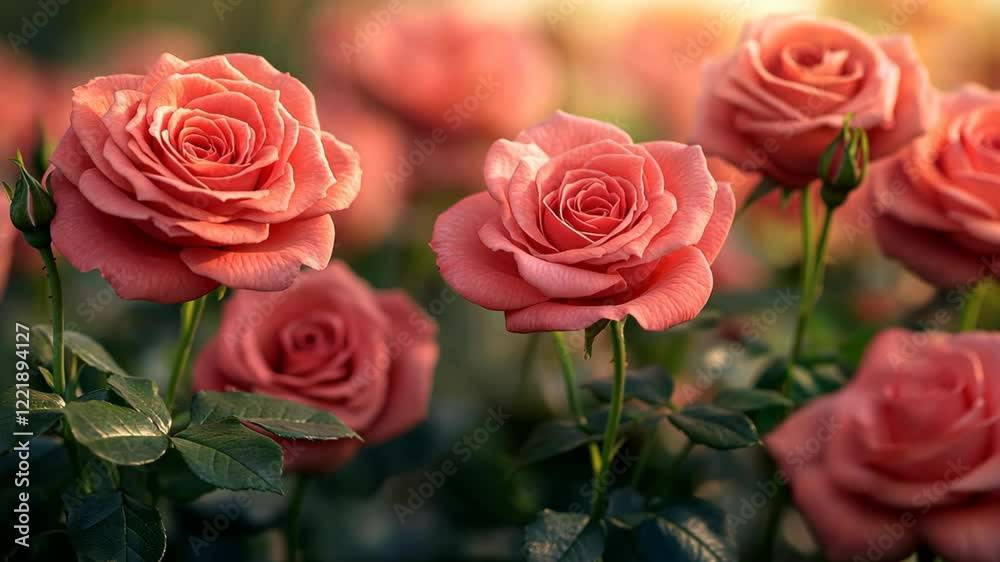 pink rose flower sway in wind with gentle sunlight, spring nature background