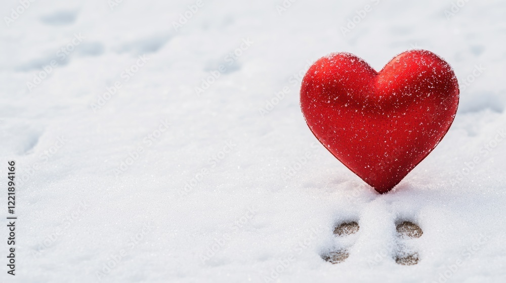Red heart standing in fresh snow with footprints leading to it, winter romance concept Red heart standing in fresh snow with footprints leading to it, winter romance concept