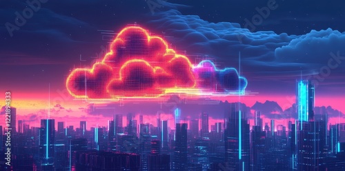Digital Cloud Hovers Over Futuristic Cityscape