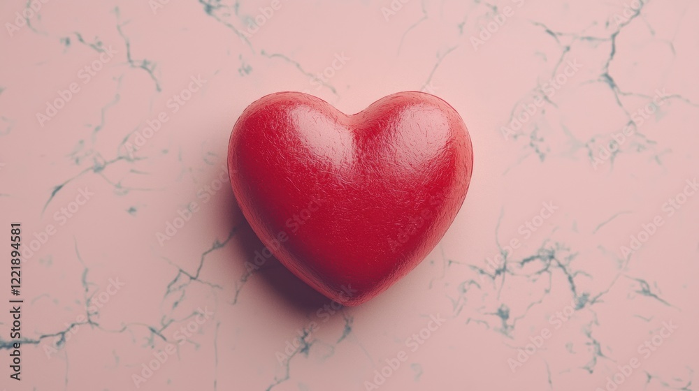 Red heart-shaped ornament lying on a pink marble background for Valentine's Day Red heart-shaped ornament lying on a pink marble background for Valentine's Day