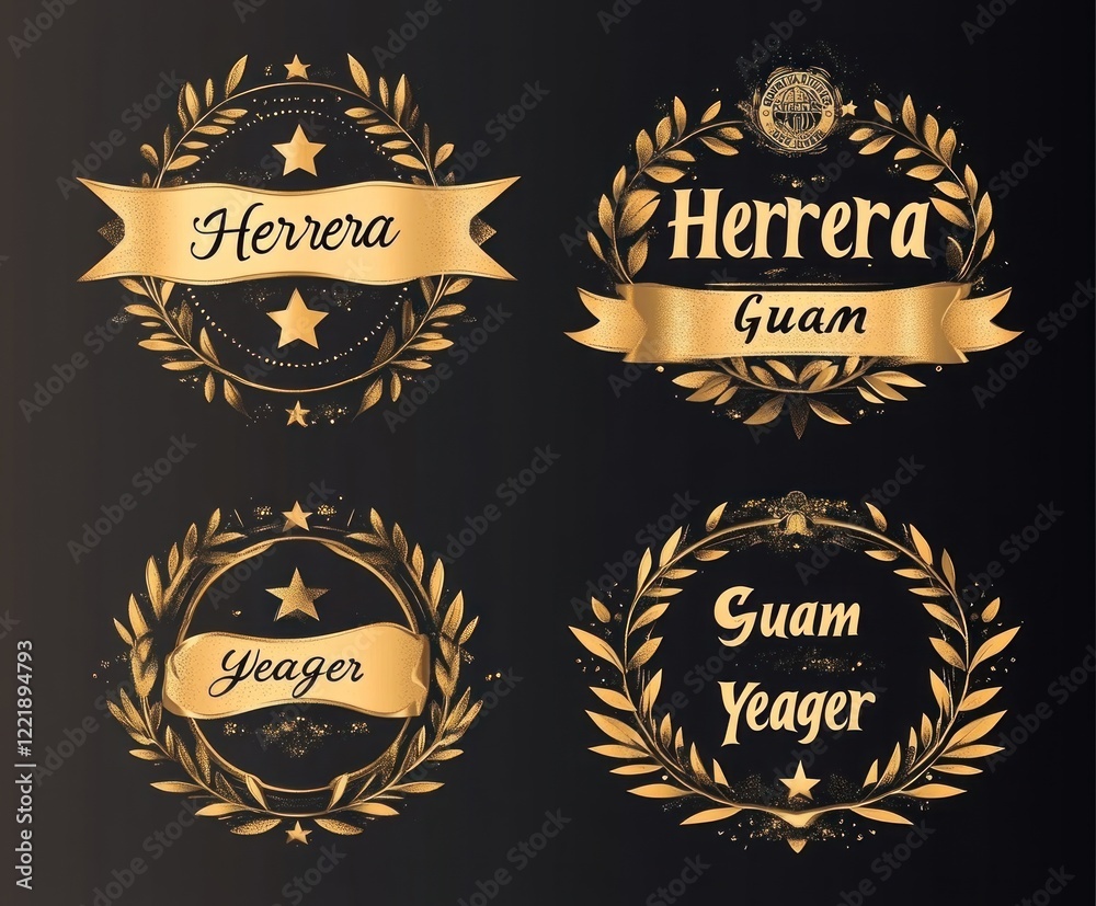 Four gold laurel wreaths with names and ribbons.