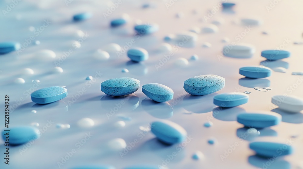 Blue and white pills scattered on a surface. Healthcare background Blue and white pills scattered on a surface. Healthcare background