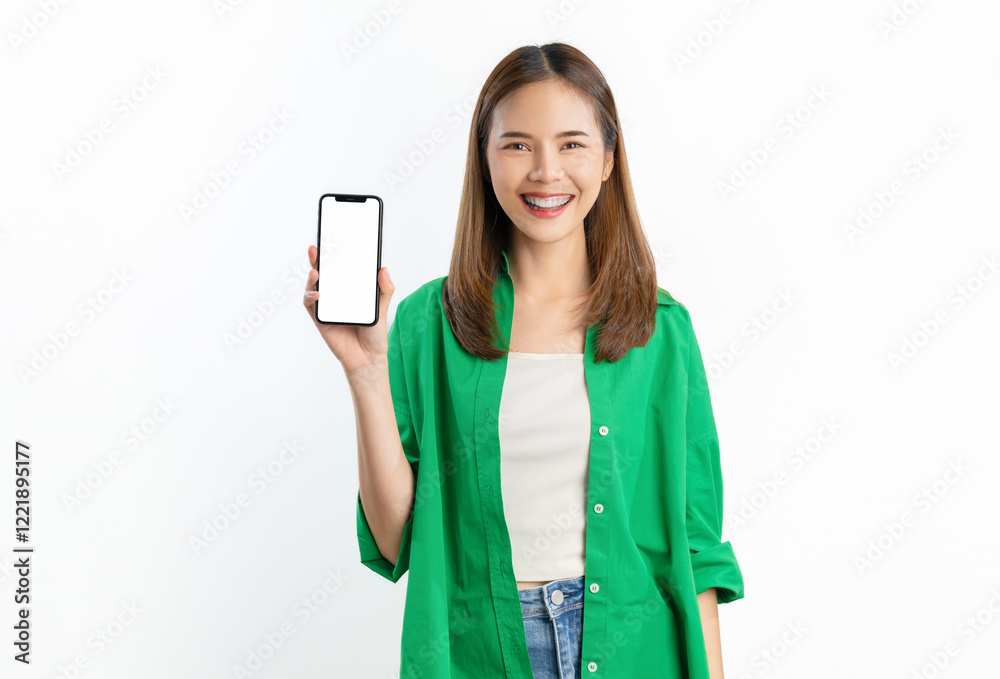 Beautiful Asian woman holding smartphone mockup of blank screen and smiling on white background. Beautiful Asian woman holding smartphone mockup of blank screen and smiling on white background.