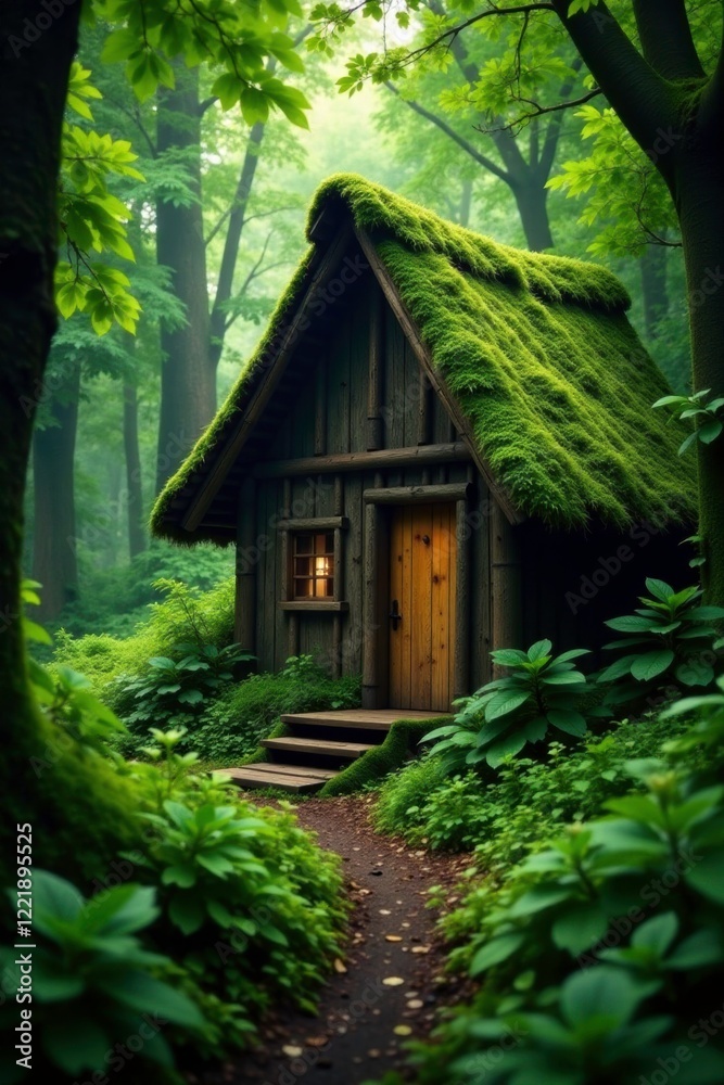 Moss-covered thatched roof hut amidst forest foliage, tranquil, greenery Moss-covered thatched roof hut amidst forest foliage, tranquil, greenery