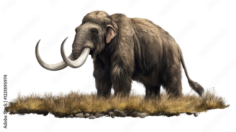 Obraz premium Wooly Mammoth in Tundra: An imposing Wooly Mammoth with long, curved tusks and a thick coat of fur stands majestically on a patch of tundra.