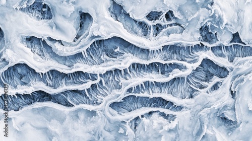 detailed snow crust closeup, natural winter patterns, white crystalline texture, gentle blue undertones, organic snow formations, winter ground surface, pure snow detail, abstract snow shapes, photo