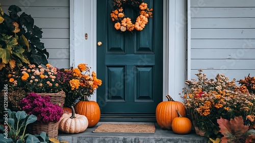 Front door decorated with pumpkins and ivy photo