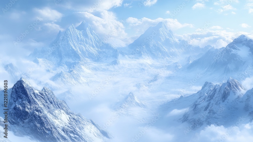 Obraz premium winter alpine landscape, vast mountain panorama, snow-covered summits, gentle cloud layers, crystal clear winter sky, majestic peak formations, natural mountain ridges, pure white snowscape, serene