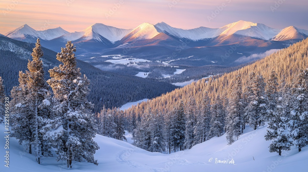 Obraz premium Snow-blanketed alpine peaks at first light, winding valley between mountains, ethereal morning atmosphere, scattered conifers dotting slopes, crisp winter landscape, serene mountain photography,
