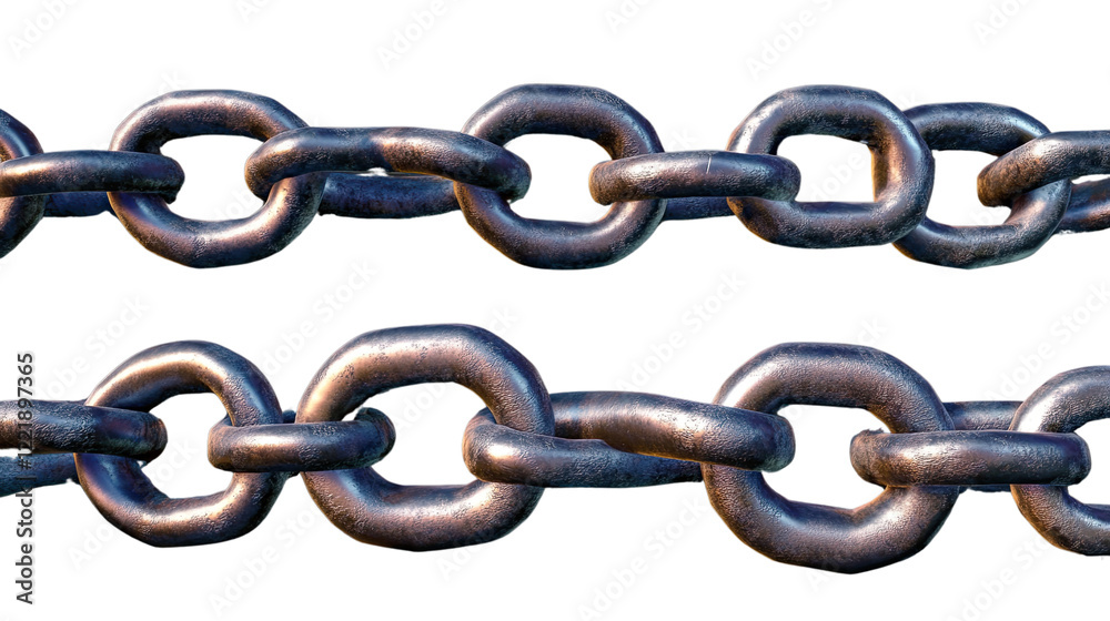 Obraz premium Steel Chain Links: Close-up of two parallel heavy-duty steel chains, showcasing the interconnected links and metallic texture. The image is ideal for concepts of strength, connection, and security.