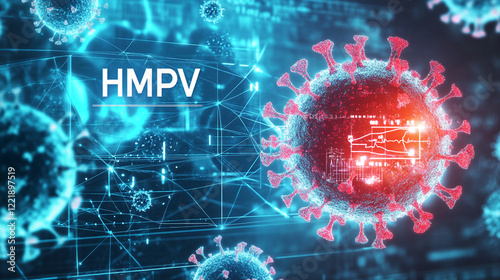 blueprint of lungs and virus in the background, Human metapneumovirus or HMPV similiar as covid 19 virus, Microscopic view of HMPV Human metapneumovirus with medical instrument. photo